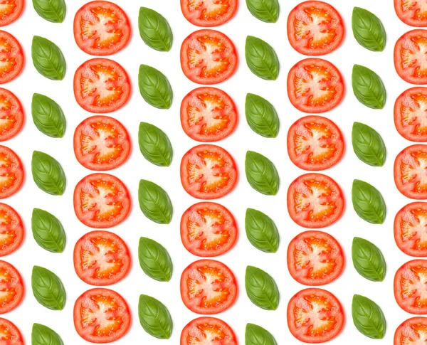 Kreativ Layout Gjord Tomatskivor Platt Ligg Ovanifrån Grönsaker Isolerad Vit — Stockfoto