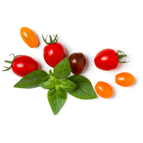 Verschiedene Bunte Tomaten Und Basilikumblätter Isoliert Über Weißem Hintergrund Draufsicht — Stockfoto