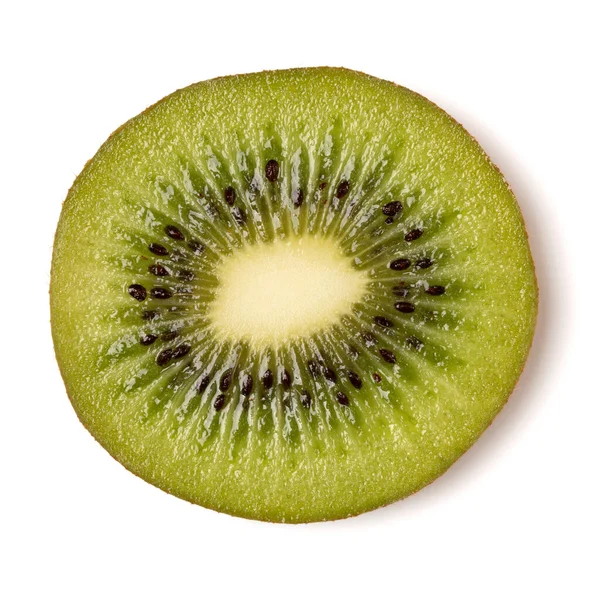 Beyaz arka planda izole edilmiş bir kivi dilimi. Kiwifruit Dilimlenmiş Flatlay. Düz yatış, üst görünüm.