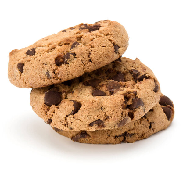 Three Chocolate chip cookies isolated on white background. Sweet biscuits. Homemade pastry.