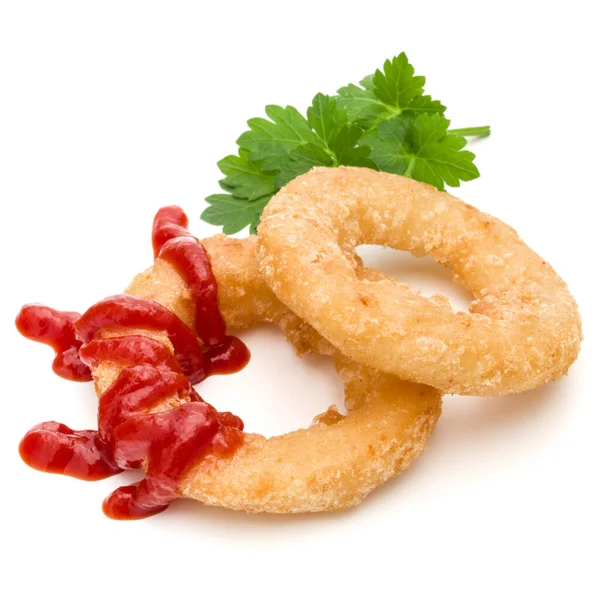 Knusprige Frittierte Zwiebeln Oder Tintenfischringe Mit Ketchup Isoliert Auf Weißem — Stockfoto