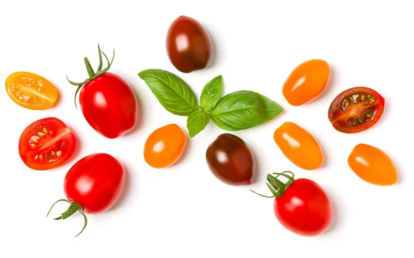 Various Colorful Tomatoes Basil Leaves Isolated White Background Top View — Stock Photo, Image