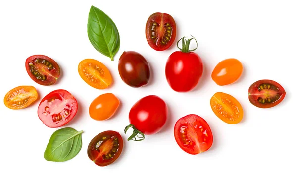 Various Colorful Tomatoes Basil Leaves Isolated White Background Top View — Stock Photo, Image