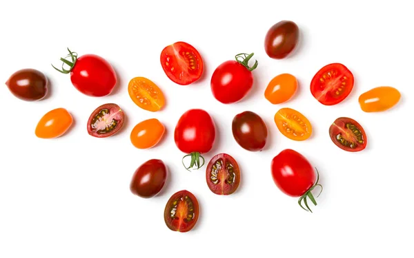 Vários Tomates Coloridos Isolados Sobre Fundo Branco Vista Superior Deitado — Fotografia de Stock