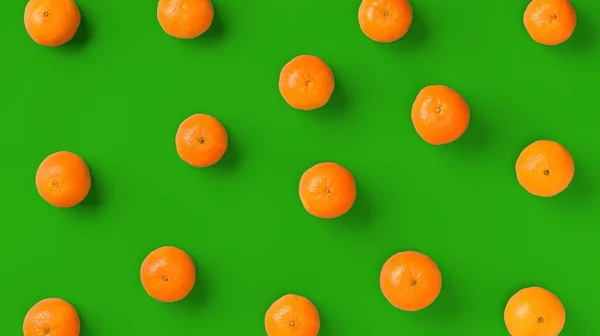 Frukt Mönster Färsk Apelsin Tangerine Eller Mandarin Grön Bakgrund Flat — Stockfoto