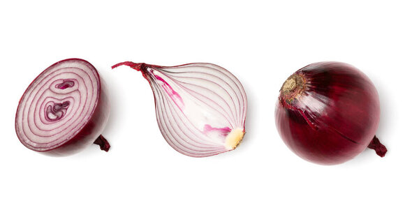 red onion slices isolated on white background cutout, top view