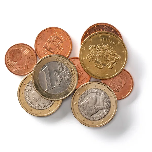 Monety Euro Izolowane Białym Tle Zbliżenie Koncepcja Pieniądza Widok Góry — Zdjęcie stockowe