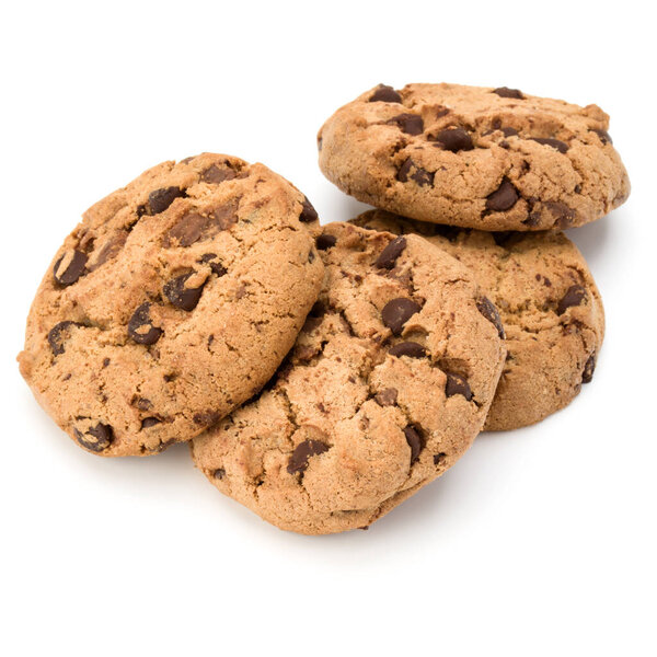 Chocolate chip cookies isolated on white background. Sweet biscuits. Homemade pastry.