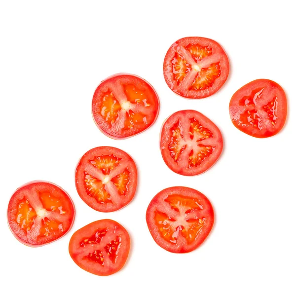 Creatieve Lay Out Van Tomatenschijfjes Vlakke Lay Bovenaanzicht Voedselconcept Groenten — Stockfoto