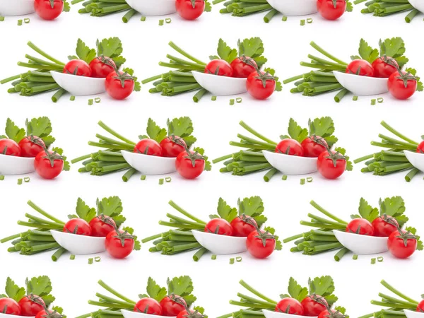 Cebolinha Tomate Cereja Tigela Isolada Recorte Fundo Branco Padrão Alimentos — Fotografia de Stock