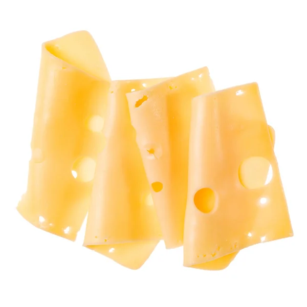 白い背景に分離されたチーズスライス トップビュー 平らな横たわる 空気中のチーズスライス 影なし — ストック写真