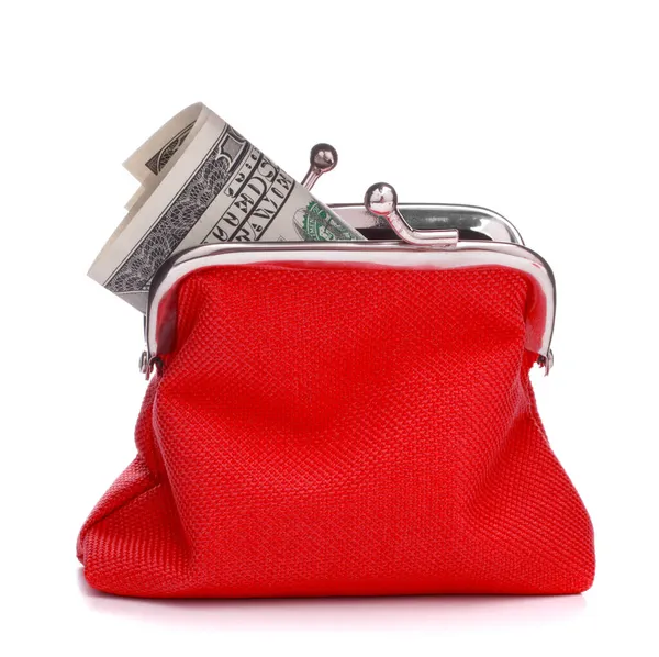 Carteira Dinheiro Vermelho Isolado Fundo Branco Carrega Bolsa Com Notas — Fotografia de Stock