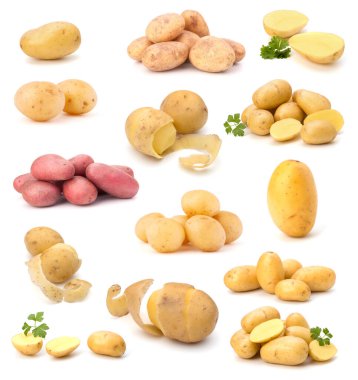 Beyaz arka planda izole edilmiş patates. Patatesin farklı kompozisyonu..
