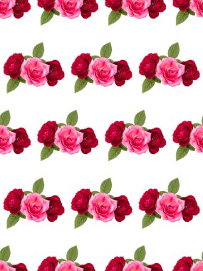 Beyaz arka planda yeşil yapraklı kırmızı ve pembe gül buketi. Çiçeksiz desen.