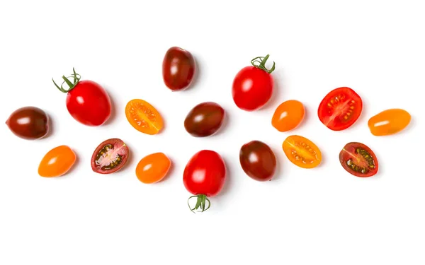 Olika Färgglada Tomater Isolerad Vit Bakgrund Ovanifrån Platt Kreativ Utformning — Stockfoto
