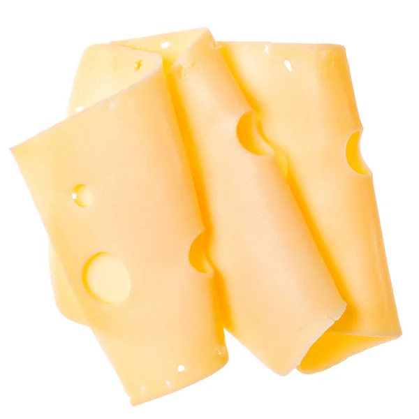 白い背景に分離された3つのチーズスライス トップビュー 平らな横たわる 空気中のチーズスライス 影なし — ストック写真