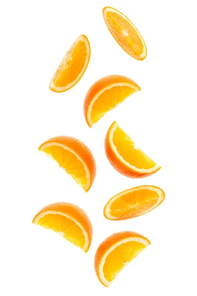 Falling Fresh Orange Fruit Slices Isolated White Background Closeup Flying — Stock Photo, Image