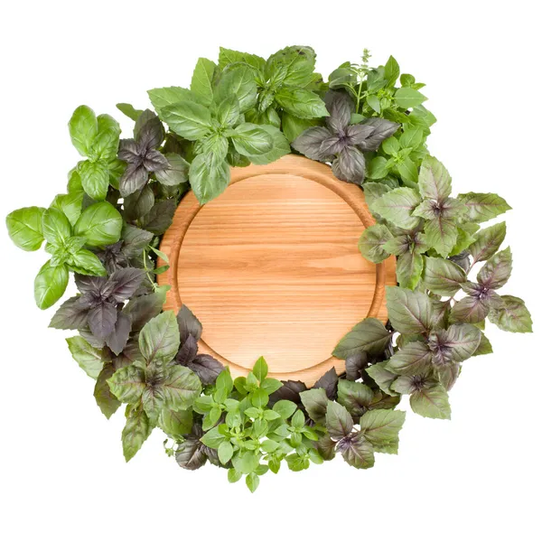 Empty Wooden Cutting Board Various Sweet Basil Herb Leaves Edged — Stock Photo, Image