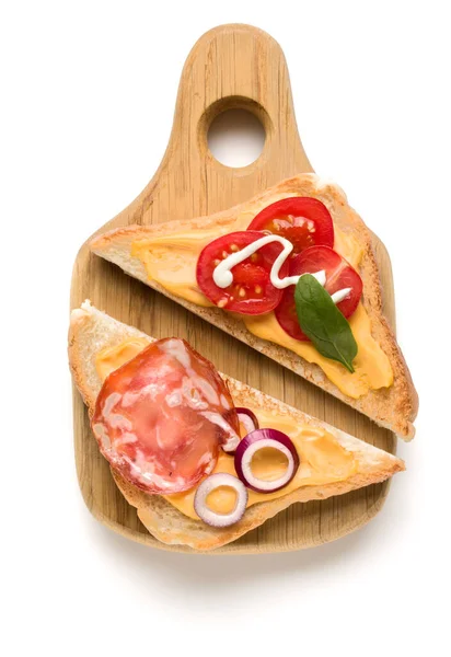 Open Faced Sandwich Canape Crostini Wooden Serving Board Isolated White — Stock Photo, Image