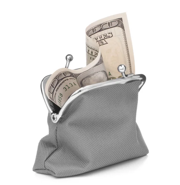 Grey Cash Wallet Isolated White Background Charge Purse Hundred Dollar — Stock Photo, Image