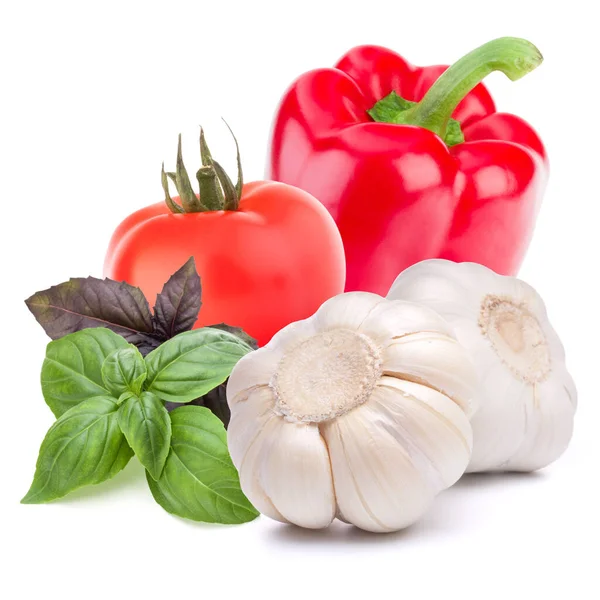 Verduras Aisladas Pimiento Dulce Tomate Ajo Aislado Sobre Fondo Blanco —  Fotos de Stock