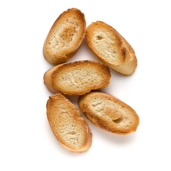 Geröstete Baguettescheiben Isoliert Auf Weißem Hintergrund Nahaufnahme Toast Crouton Ansicht — Stockfoto