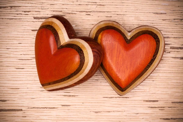 Two Wooden Hearts Rustic Wood Background Valentines Days Concept Love — Stock Photo, Image