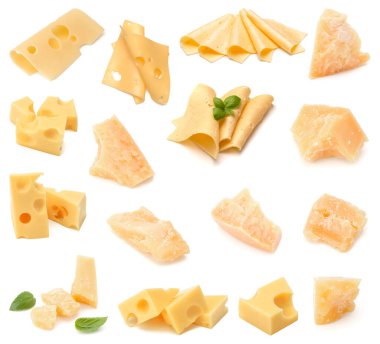 Beyaz arka planda izole edilmiş peynir koleksiyonu. Farklı peynirler seti.
