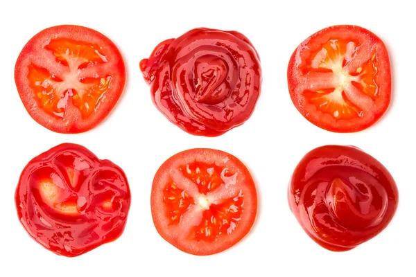 Creative Layout Made Tomato Slices Tomato Sauce Drops Flat Lay — Stock Photo, Image