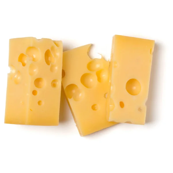 Top View Pieces Swiss Cheese Different Sizes Large Holes Isolated — стоковое фото