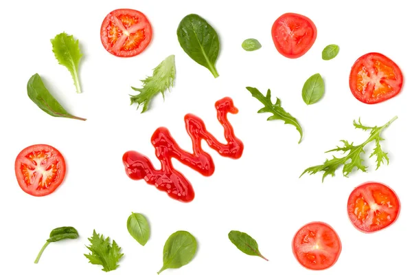 Tomato Ketchup Drops Creative Layout Made Tomato Slices Lettuce Salad — Fotografia de Stock