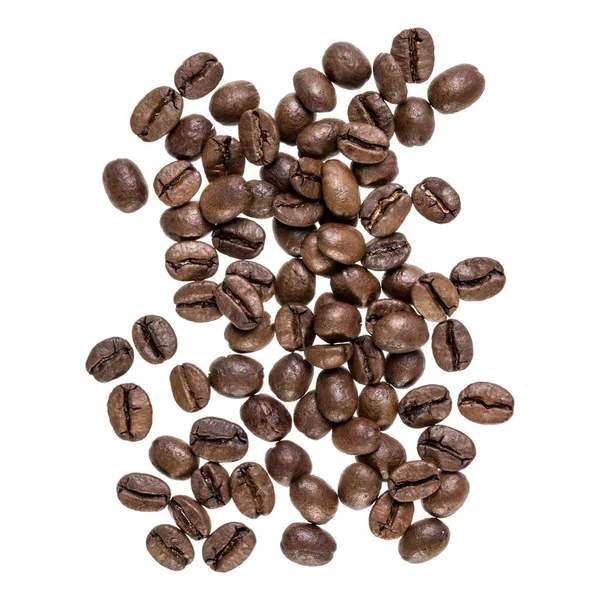 コーヒー豆は白い背景に隔離されている 最上階だ平置きだ影のない空気中のコーヒー豆の流れ — ストック写真