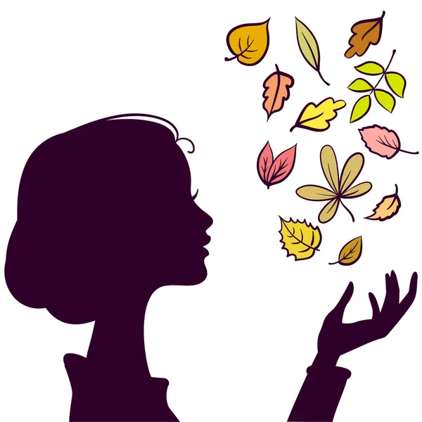 Beautiful Girl Dark Silhouette. Young Woman with Autumn Color Le — Stock Vector