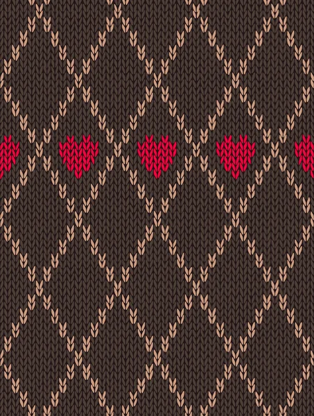 Stil nahtlose rot braune Farbe Strickmuster mit Herz — Stockvektor