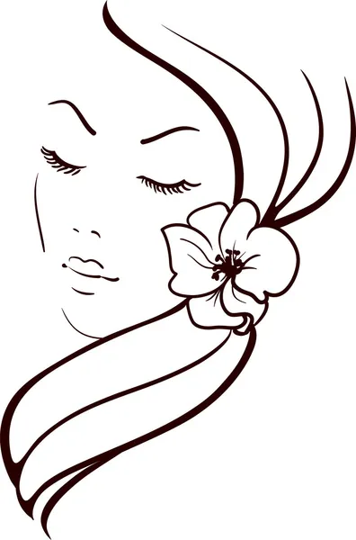 Woman Face with Beautiful Flower in Hair, Vector Sketch, isolat — Stock Vector