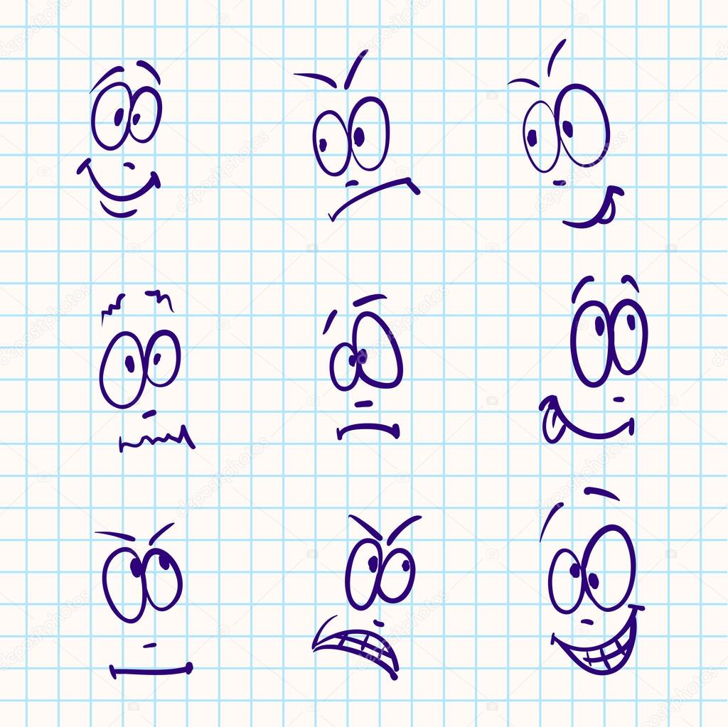 Emotion, vector set of nine face on notebook paper