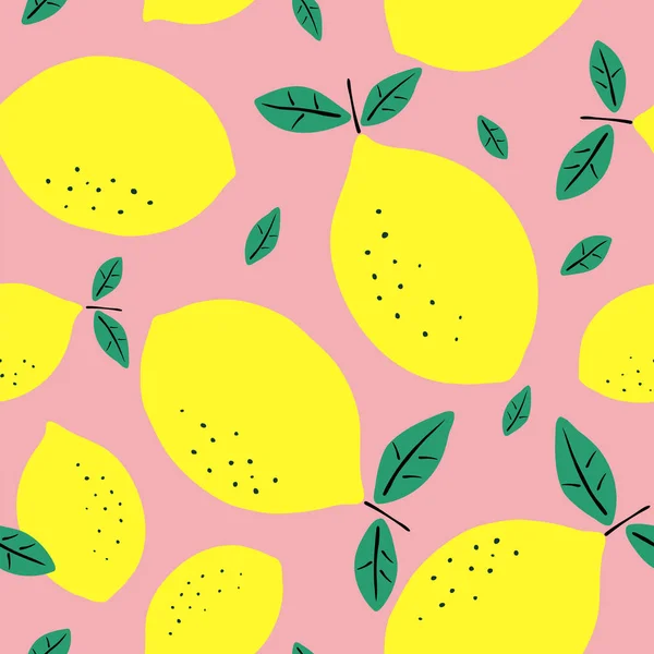 Nahtloses Muster mit Zitronen. Zitrusfrüchte moderne Textur gelb rosa Hintergrund. Abstrakte Vektorgrafik. — Stockvektor