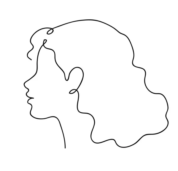 Perfil de mujer con pelo largo. Retrato concepto de belleza femenina. Línea continua dibujo vector ilustración — Vector de stock
