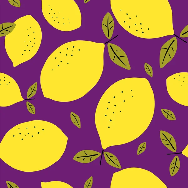 Nahtloses Muster Mit Zitronen Zitrusfrüchte Moderne Textur Gelb Auf Violettem — Stockvektor