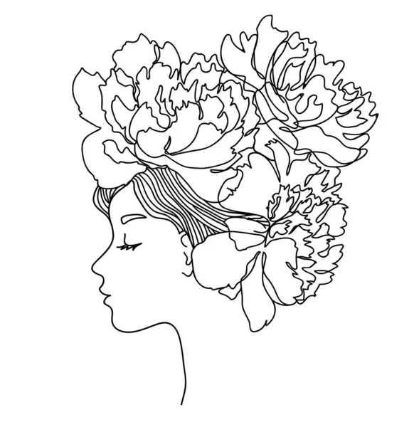 Perfil Mujer Con Flores Peonía Pelo Retrato Concepto Belleza Femenina — Archivo Imágenes Vectoriales