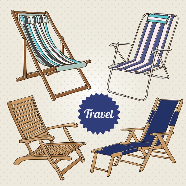 Travel set with hand-drawn beach chairs — Stock Vector