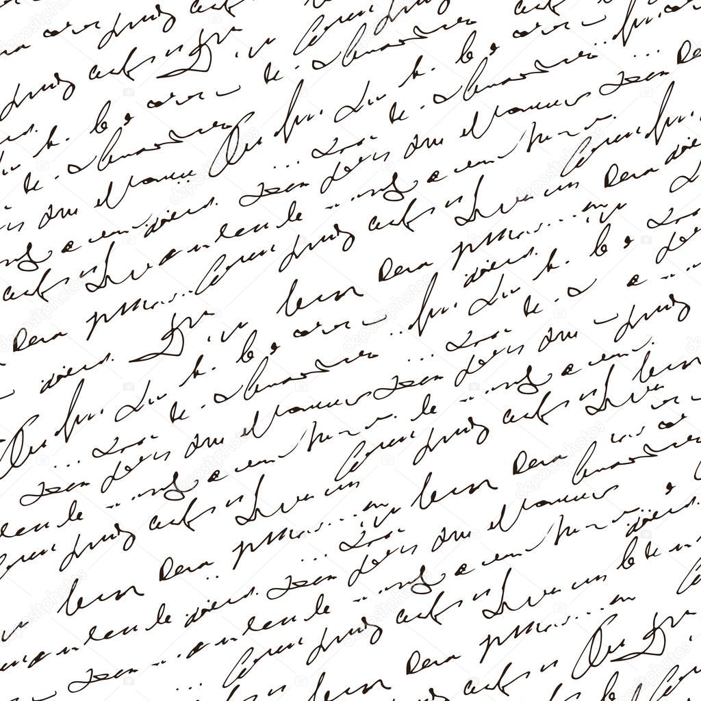 Handwritten abstract text, scribbles vector seamless pattern, vector monochrome script isolated on white background