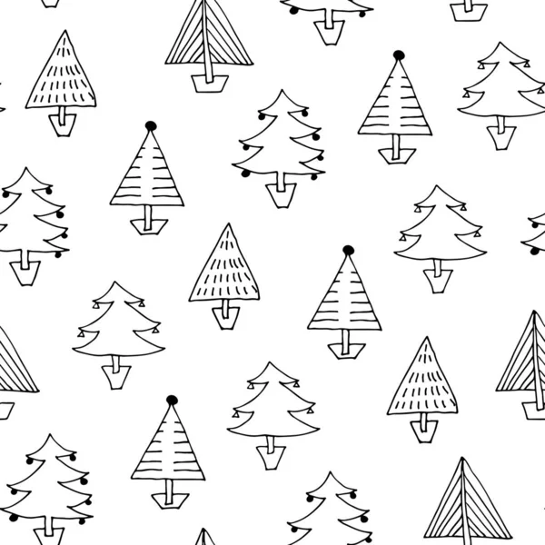 クリスマスツリーのシームレスなパターン 手描きモミの木冬の背景 — ストックベクタ