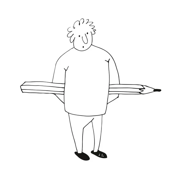 Człowiek z ołówkiem, zabawny charakter, ręcznie rysowane wektor ilustracji — Wektor stockowy