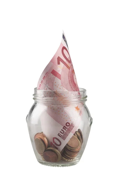 Euro money notes in a glass jar over white background. — Stock Photo, Image