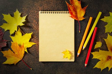 Boş bir defter, renkli kalemler ve kırmızı, sarı ve turuncu akçaağaç yapraklarıyla sonbahar arkaplanı. Konsept yakında okula ya da Şükran Günü 'ne geliyor.