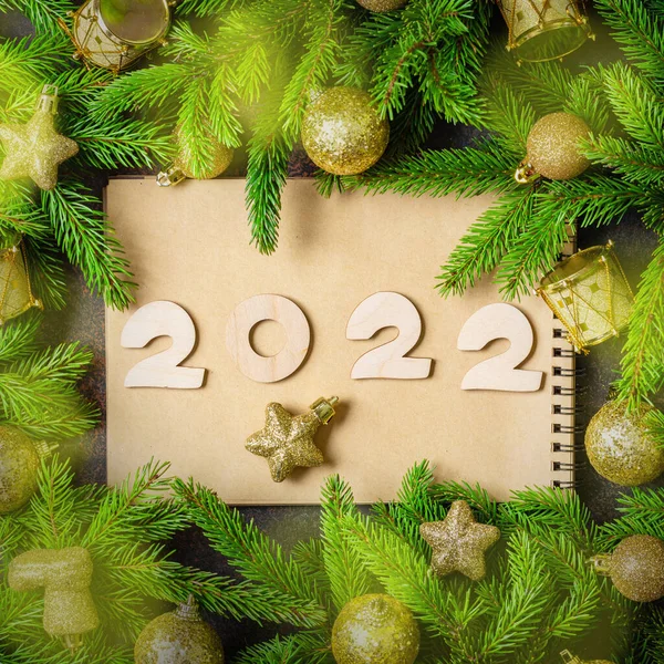 Happy New Year Yellow Gold Christmas Decorations Branches Christmas Tree — Stock Photo, Image