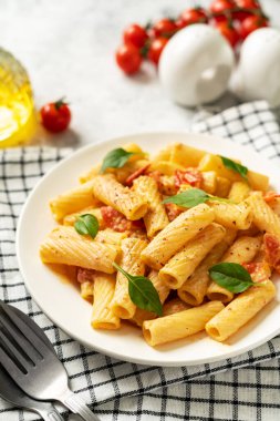Domatesli tortiglioni, ricotta ve fesleğen, açık mutfak masasında beyaz bir tabakta. Geleneksel İtalyan makarnası, sebzeli ve kremalı süzme peynirli.