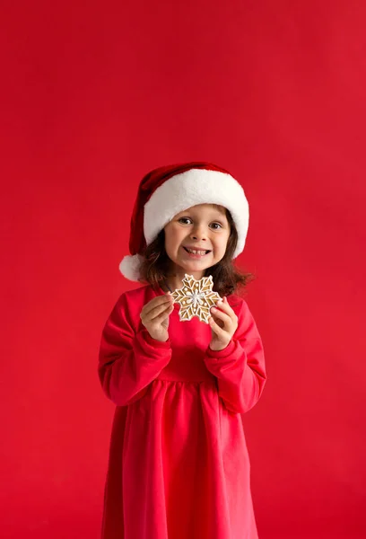 Дівчина Капелюсі Санта Різдвяними Пряниками Сніжинка — стокове фото