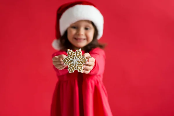 Дівчина Капелюсі Санта Різдвяними Пряниками Сніжинка — стокове фото